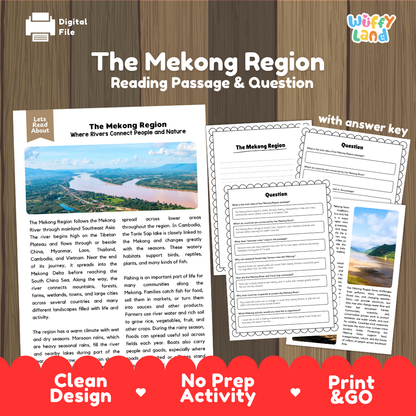The Mekong Region reading comprehension passage and questions printable activity pack with answer key for elementary students