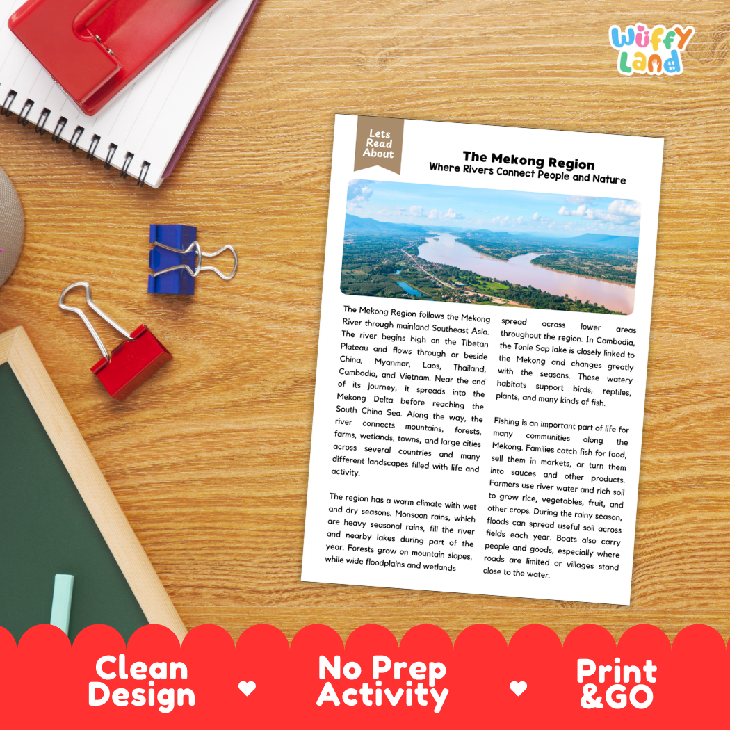 Student reading comprehension worksheet with short-answer questions and lined sections about the Mekong region