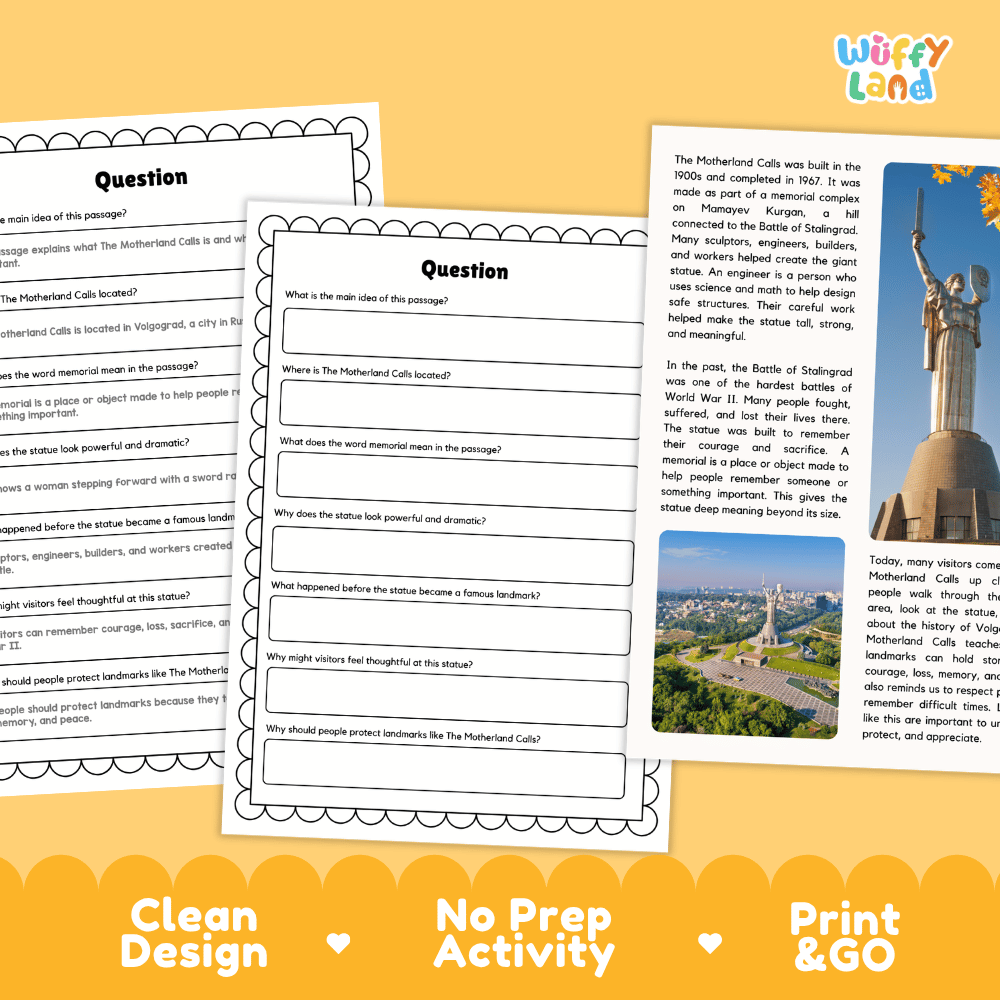 Student reading passage titled A Giant Statue in Russia detailing The Motherland Calls history, Volgograd location, and memorial park photography