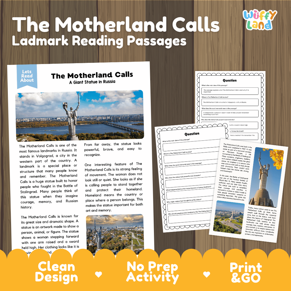 The Motherland Calls landmark reading passages educational study unit featuring nonfiction reading worksheets and authentic Russian statue photography