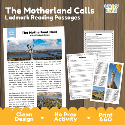 The Motherland Calls landmark reading passages educational study unit featuring nonfiction reading worksheets and authentic Russian statue photography