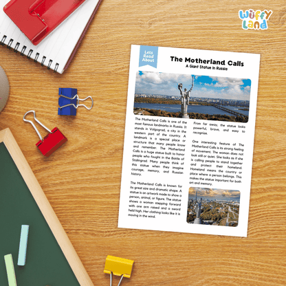 Lined reading comprehension question worksheet covering main ideas, vocabulary terms, and landmark facts about The Motherland Calls