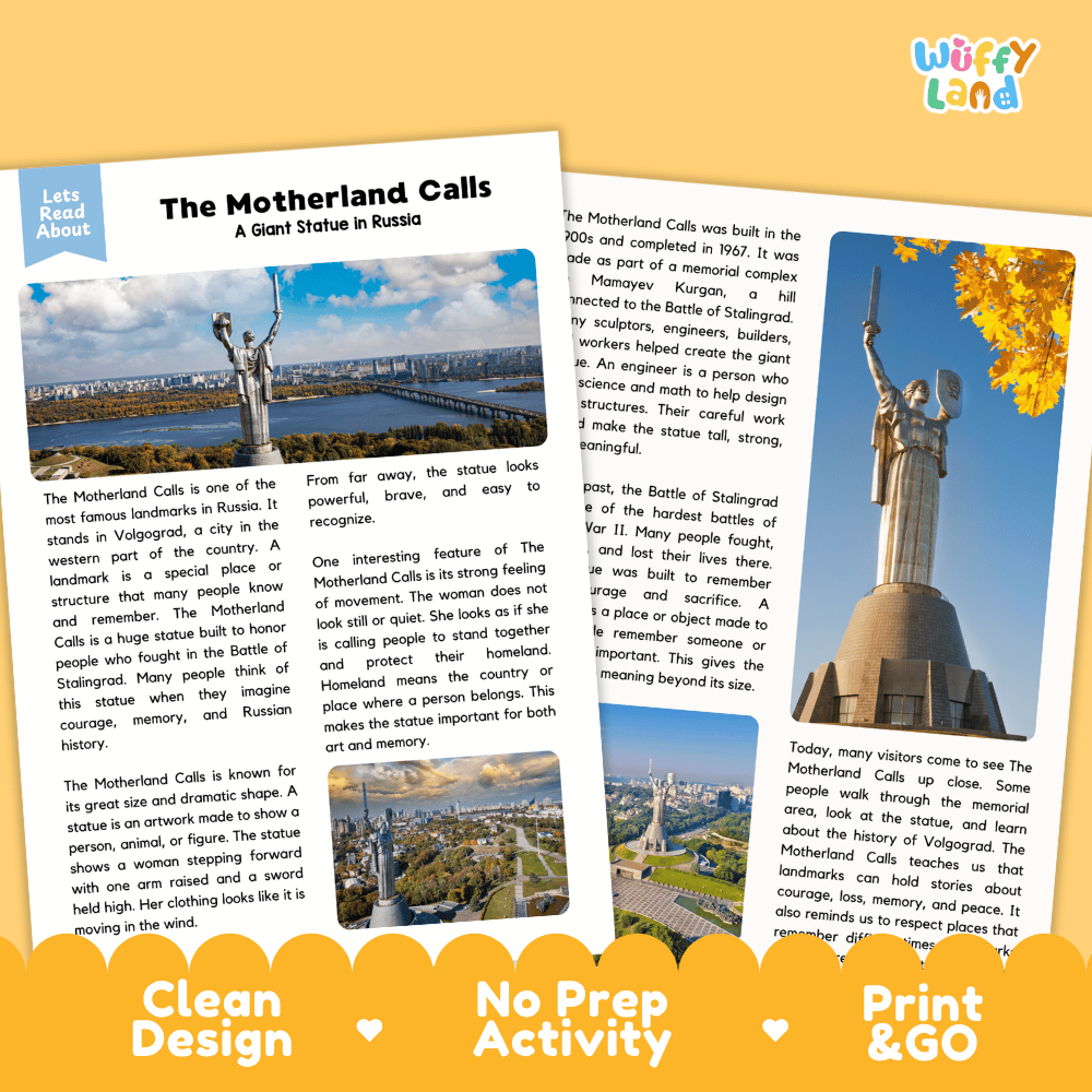 Reference sheet and answer key for The Motherland Calls landmark reading passage displaying completed comprehension answers and Russian history facts
