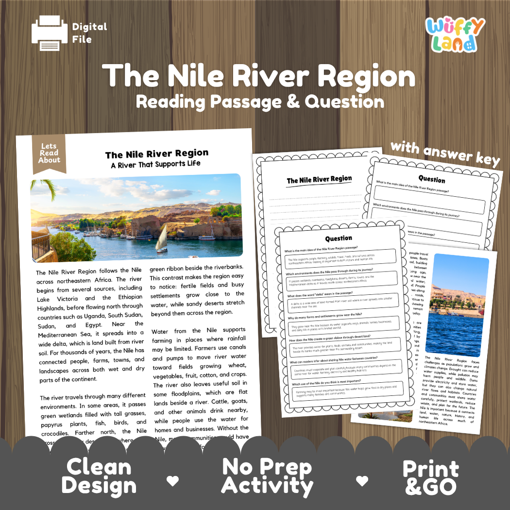 The Nile River Region reading comprehension passage and questions printable activity pack with answer key for elementary students