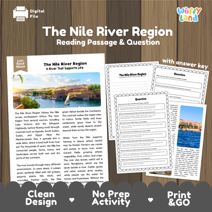 The Nile River Region reading comprehension passage and questions printable activity pack with answer key for elementary students
