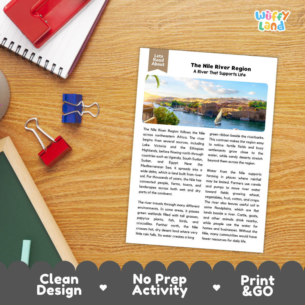 Student reading comprehension worksheet with short-answer questions and lined sections about the Nile River region