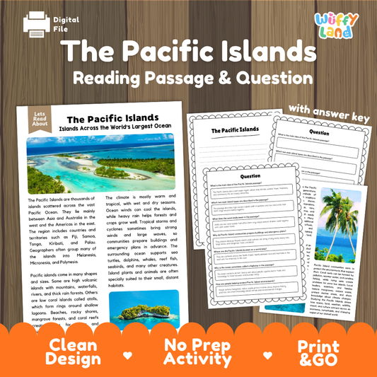 The Pacific Islands reading comprehension passage and questions printable activity pack with answer key for elementary students