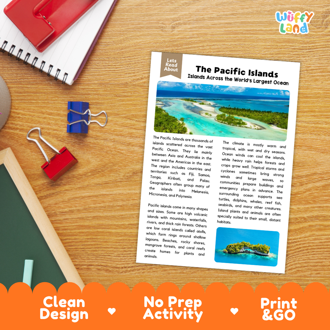 Student reading comprehension worksheet with short-answer questions and lined sections about the Pacific Islands