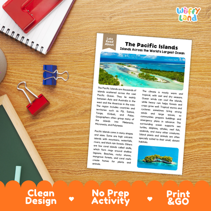 Student reading comprehension worksheet with short-answer questions and lined sections about the Pacific Islands