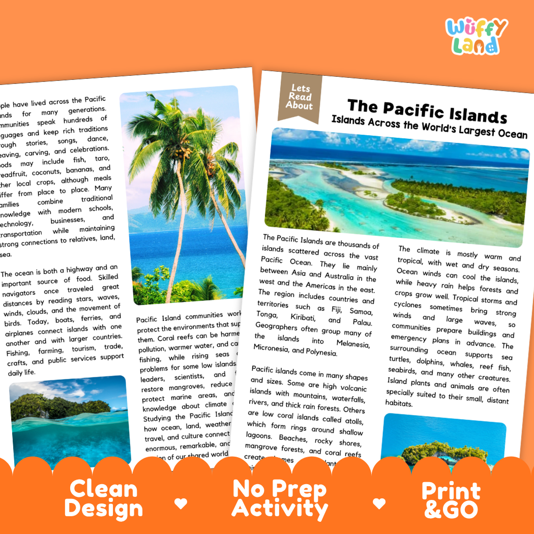 Teacher answer key page showing complete question solutions for The Pacific Islands geography and ocean science reading comprehension practice