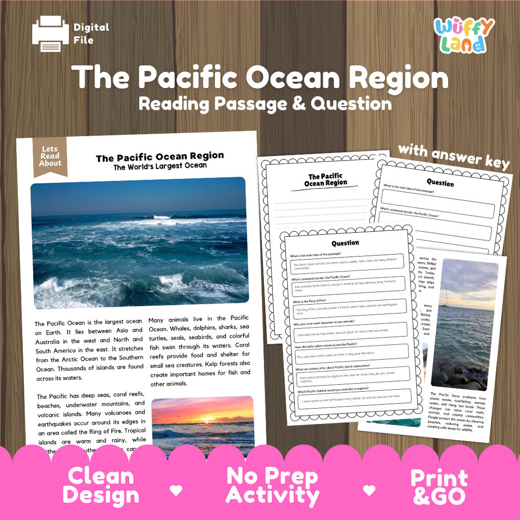 The Pacific Ocean Region reading comprehension passage and questions printable activity pack with answer key for elementary students