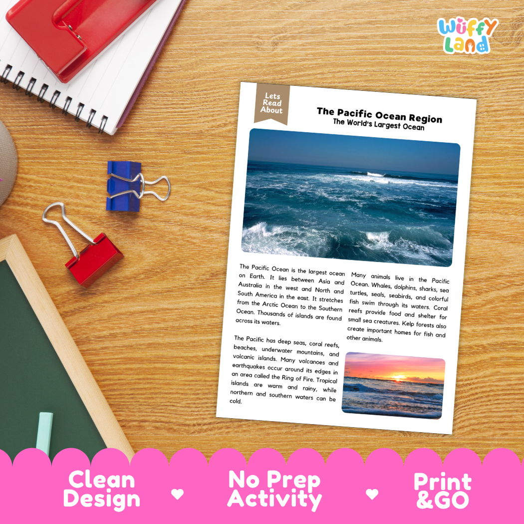 Student reading comprehension worksheet with short-answer questions and lined sections about the Pacific Ocean region