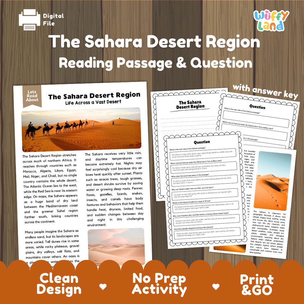 The Sahara Desert Region reading comprehension passage and questions printable activity pack with answer key for elementary students
