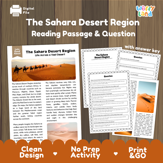 The Sahara Desert Region reading comprehension passage and questions printable activity pack with answer key for elementary students