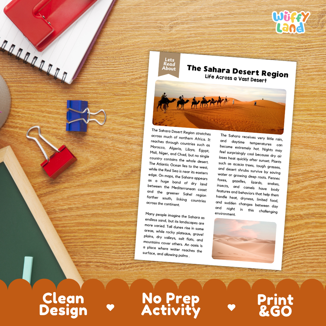 Student reading comprehension worksheet with short-answer questions and lined sections about the Sahara Desert region