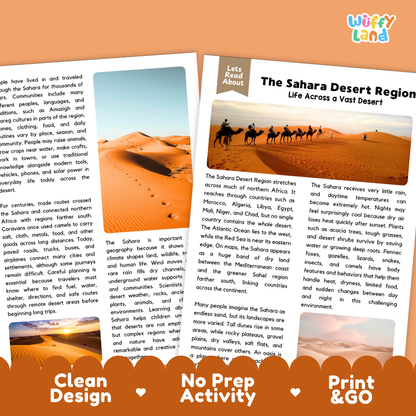 Teacher answer key page showing complete question solutions for The Sahara Desert Region geography and Earth science reading comprehension practice