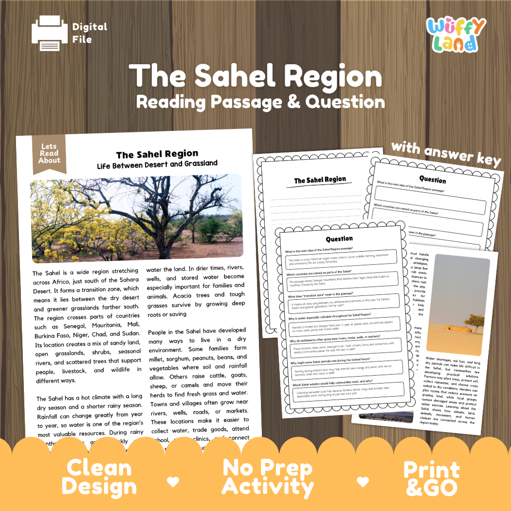 The Sahel Region reading comprehension passage and questions printable activity pack with answer key for elementary students