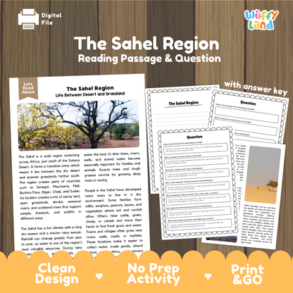 The Sahel Region reading comprehension passage and questions printable activity pack with answer key for elementary students