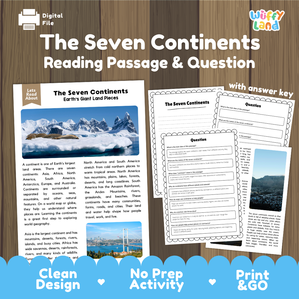 The seven continents reading comprehension passage and questions printable activity pack with answer key for elementary students