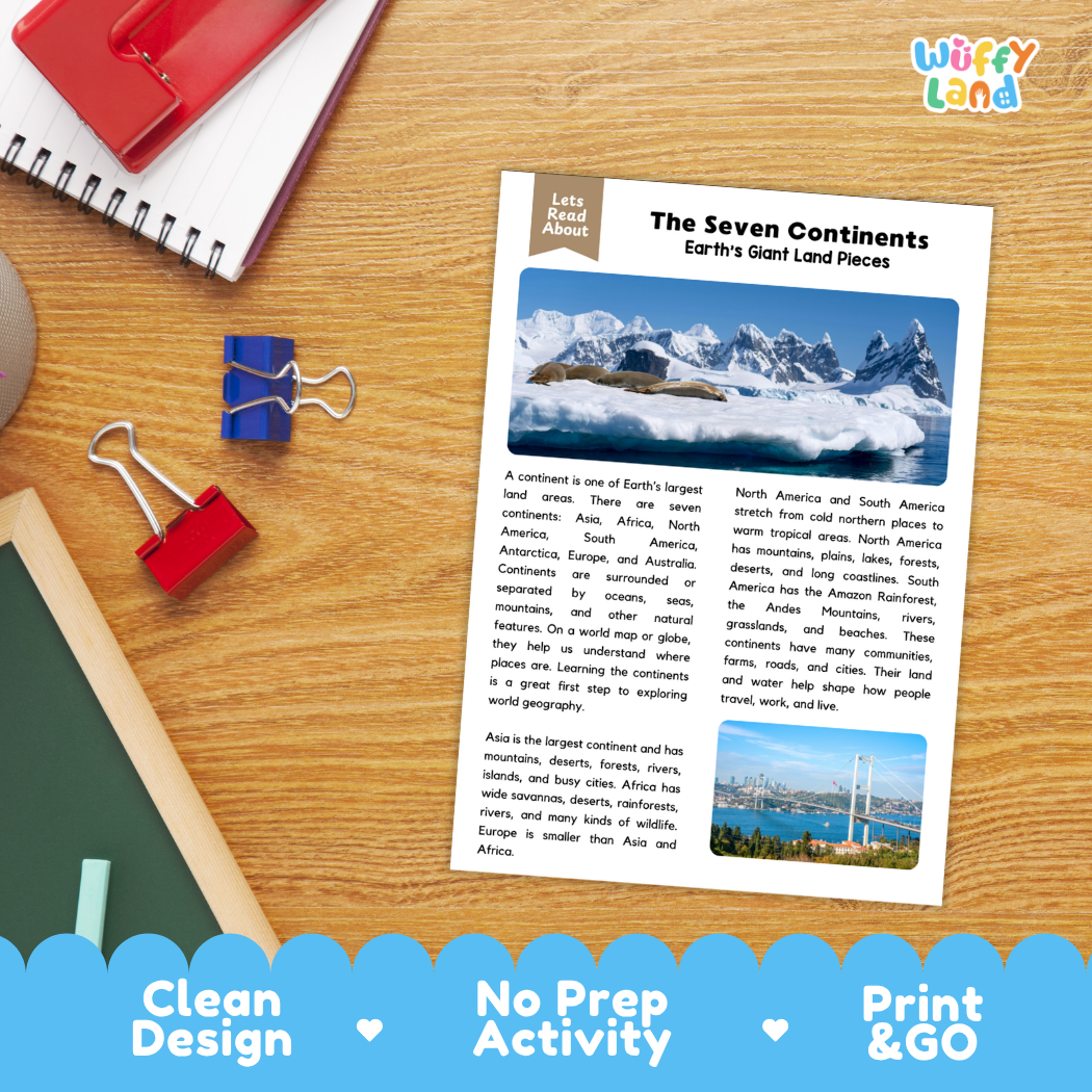 Student reading comprehension worksheet with short-answer questions and lined sections about the seven continents