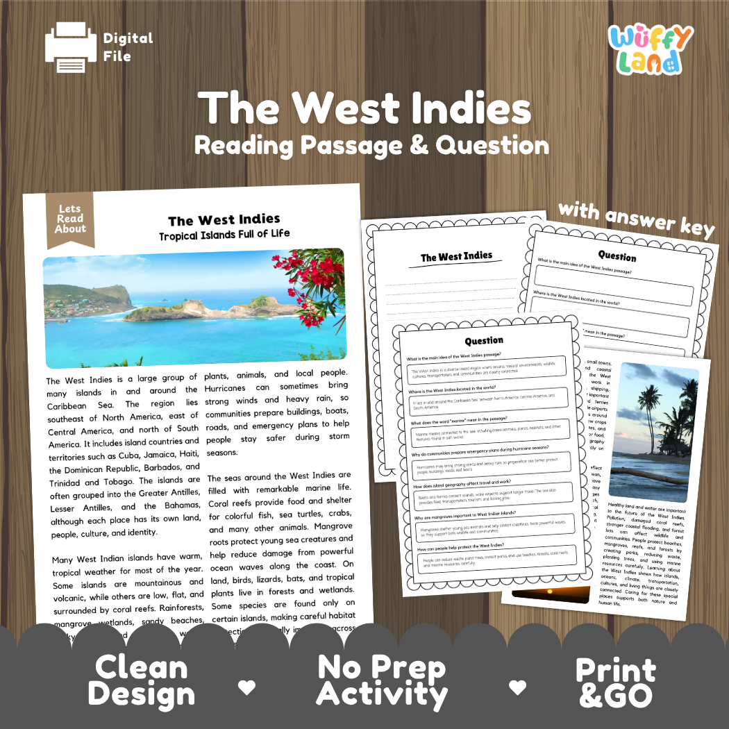 The West Indies reading comprehension passage and questions printable activity pack with answer key for elementary students