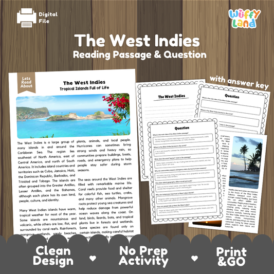 The West Indies reading comprehension passage and questions printable activity pack with answer key for elementary students