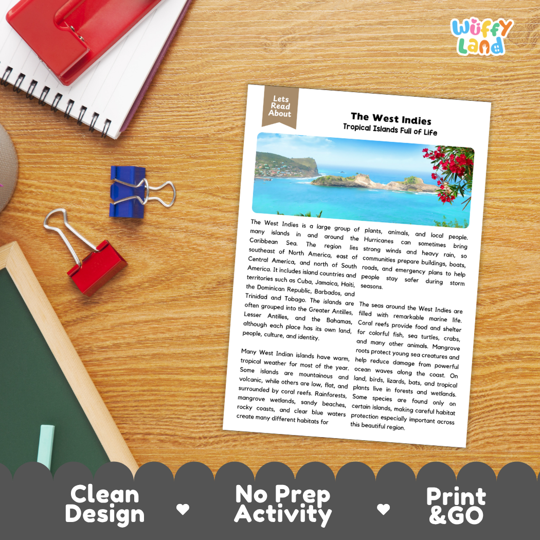 Student reading comprehension worksheet with short-answer questions and lined sections about the West Indies