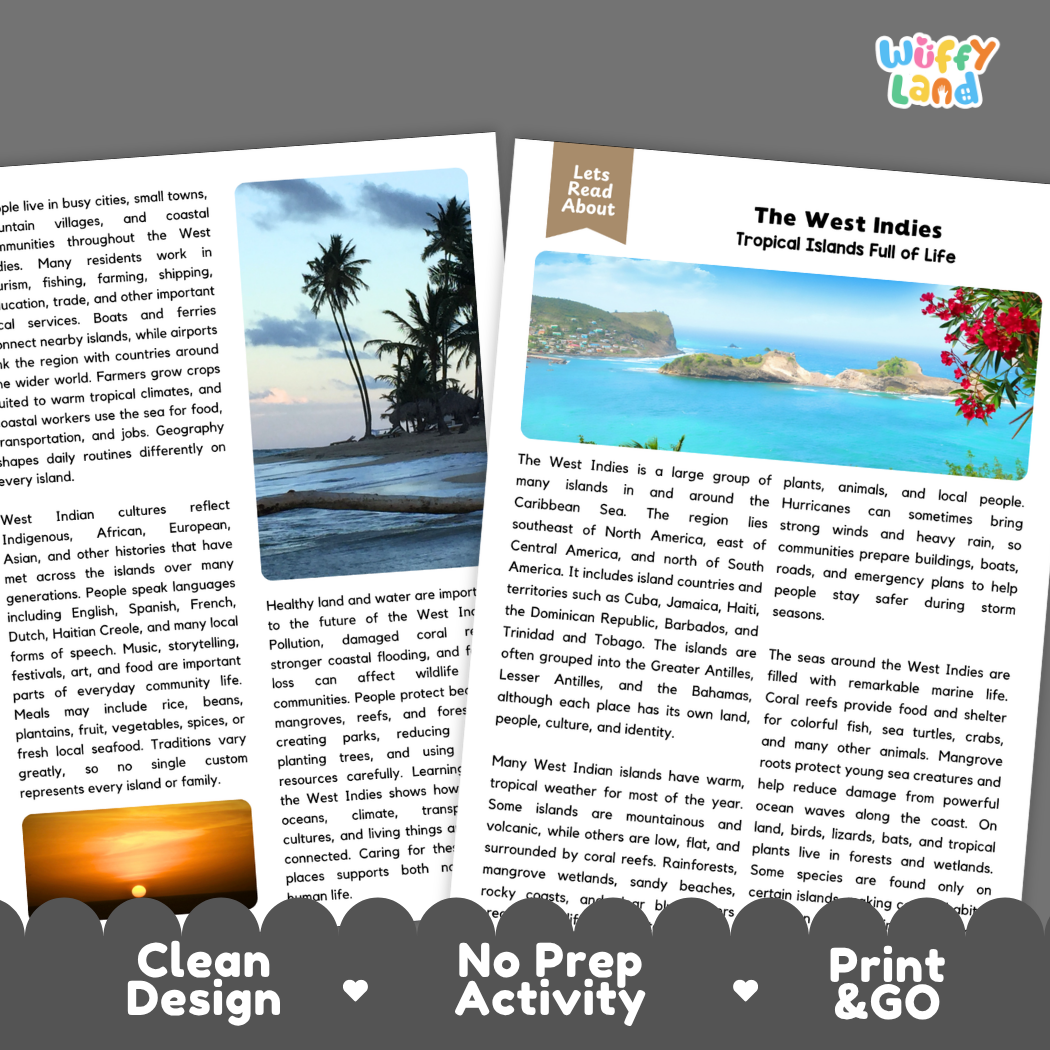 Teacher answer key page showing complete question solutions for The West Indies world geography reading comprehension practice