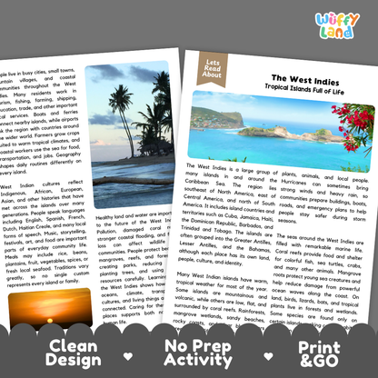 Teacher answer key page showing complete question solutions for The West Indies world geography reading comprehension practice