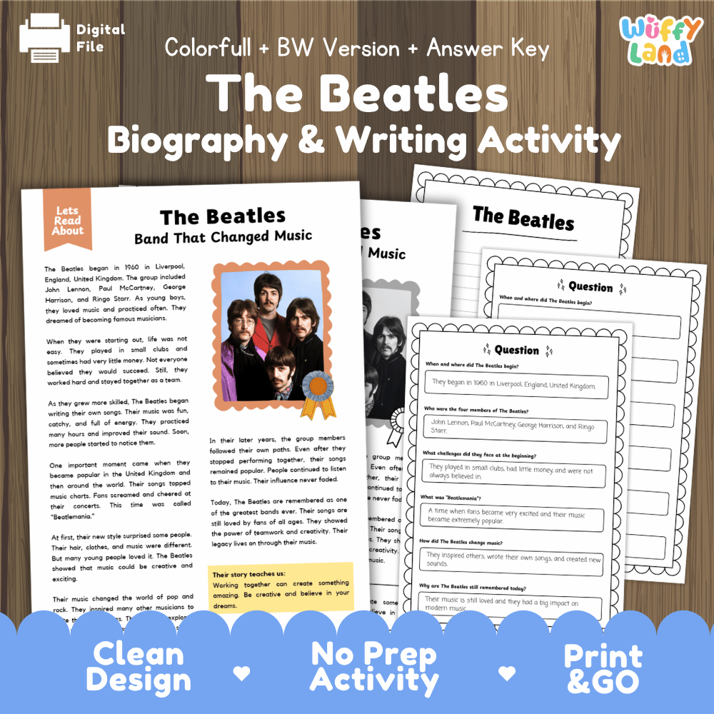 The Beatles Biography Reading Passage and Writing Activity Worksheets