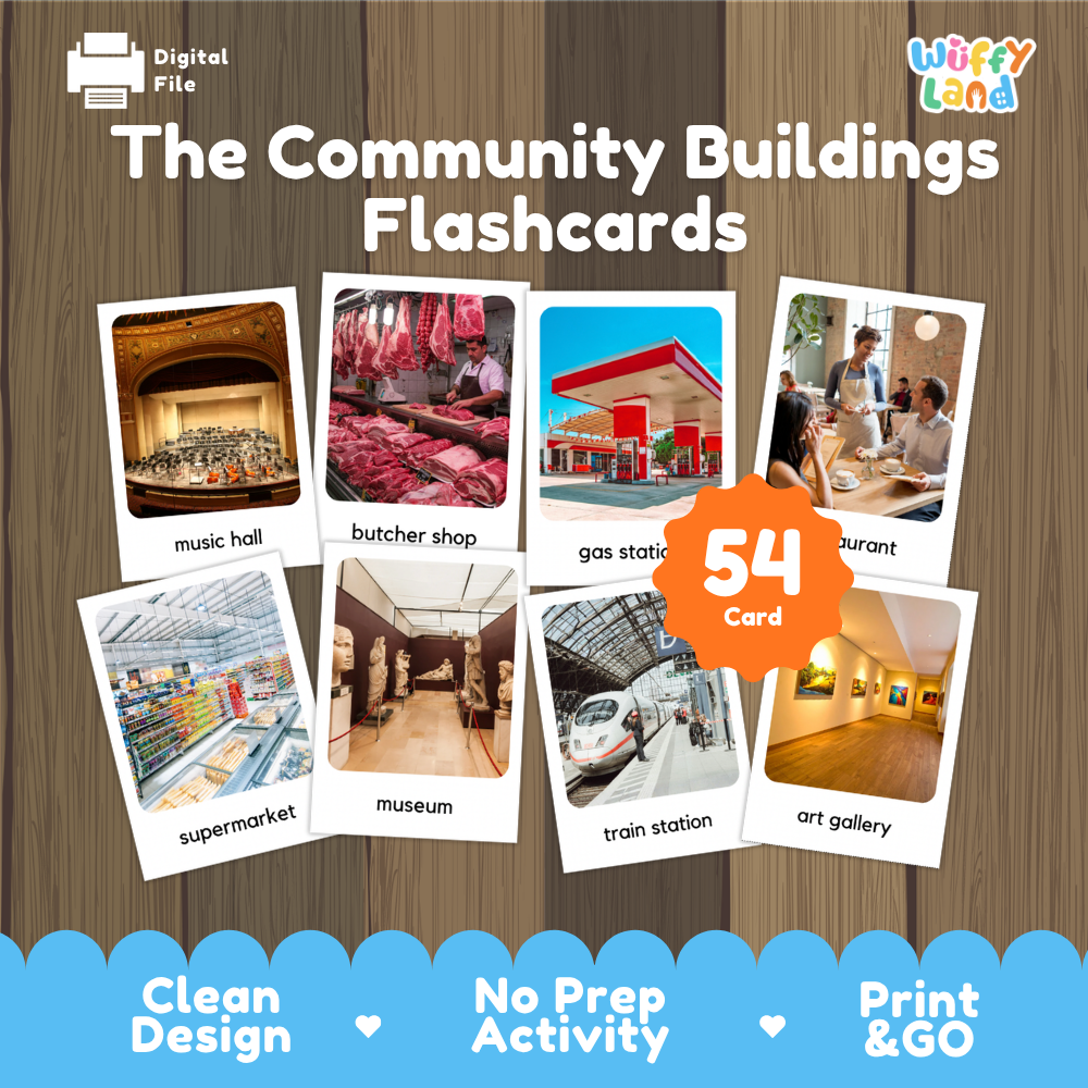 Community places printable flashcards for kids featuring stores, restaurants, public services, transportation and everyday places.