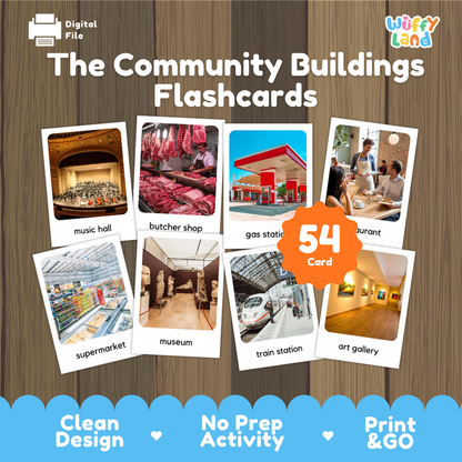 Community places printable flashcards for kids featuring stores, restaurants, public services, transportation and everyday places.