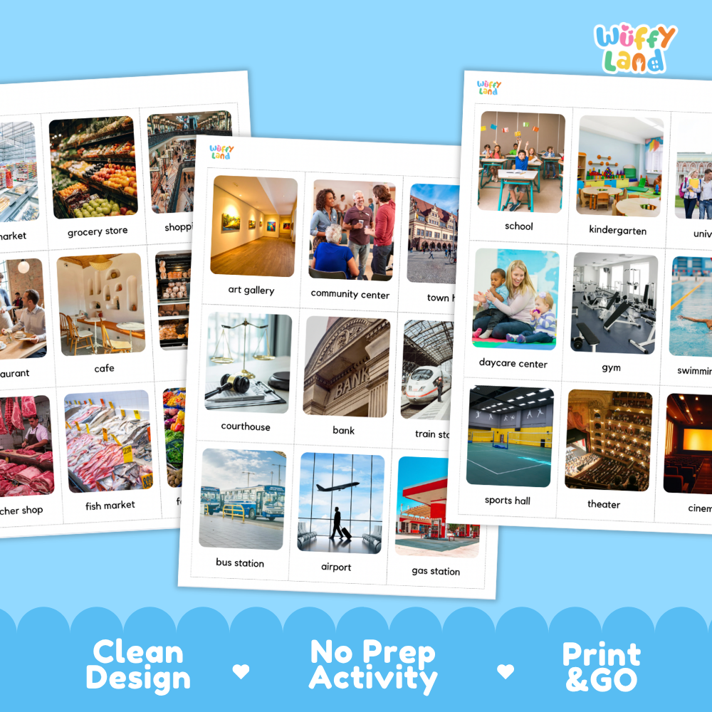 Printable places in the community learning cards with real-life photos for preschool, kindergarten and homeschool activities. Three printed activity sheets from Wiffy Land featuring labeled photos of places and concepts such as grocery store, art gallery, school, daycare, gym, theater, airport, and gas station.