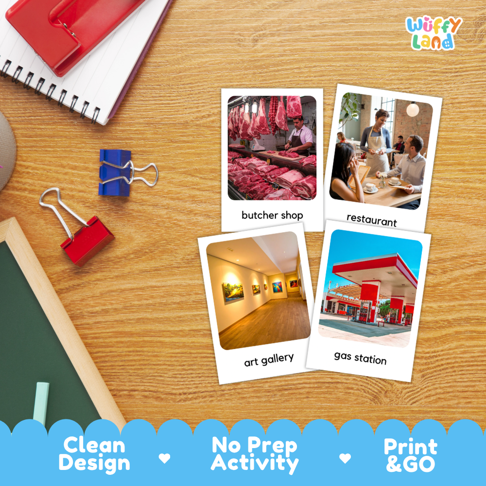 Community places vocabulary cards for preschool and elementary kids with real photos of shops, public buildings and transportation places.