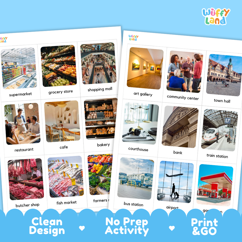 Printable community places flashcards for kids featuring supermarket, grocery store, shopping mall, restaurant, bank, airport and more.