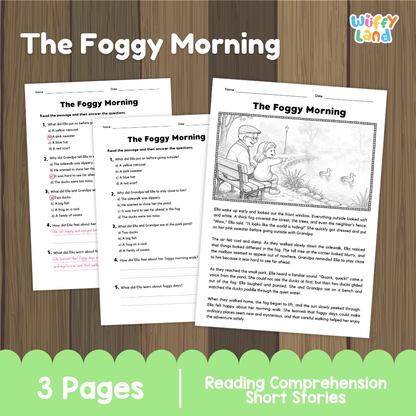 Three printable reading comprehension worksheet pages titled 'The Foggy Morning' shown on a brown wood-textured background with a green banner reading '3 Pages' and 'Reading Comprehension Short Stories.' The top right shows the brand name 'Wifty Lena.