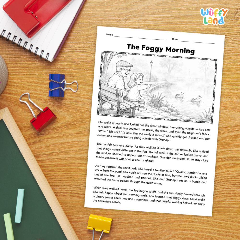A children's printable worksheet titled 'The Foggy Morning' with a black-and-white illustration and short story text, shown on a white page. The page is photographed on a desk with notebooks, pens, and clips nearby, and the header 'Wiffly Land' appears in the top right.