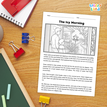 A children's educational worksheet titled 'The Icy Morning' with a black-and-white illustration of children in winter clothing, shown on a wooden desk with a red notebook, binder clips, and colored pencils.