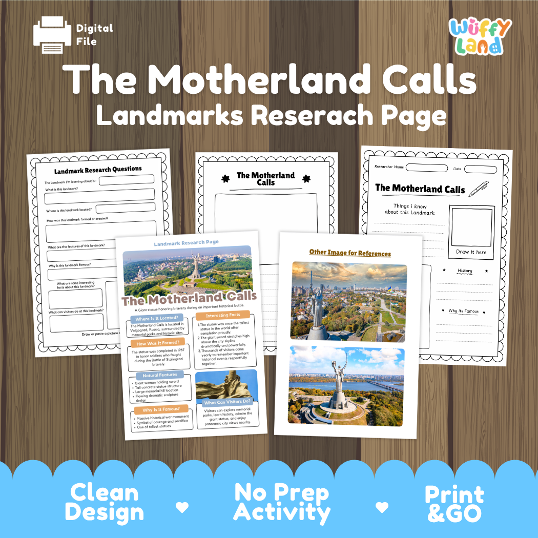 Digital product preview for a 'The Motherland Calls Landmarks Researach Page' by Wiffy Land, showing several printable worksheet pages laid out on a wood background with marketing text at the top and bottom.