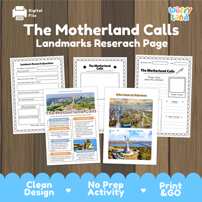 Digital product preview for a 'The Motherland Calls Landmarks Researach Page' by Wiffy Land, showing several printable worksheet pages laid out on a wood background with marketing text at the top and bottom.