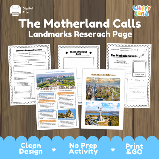 Digital product preview for a 'The Motherland Calls Landmarks Researach Page' by Wiffy Land, showing several printable worksheet pages laid out on a wood background with marketing text at the top and bottom.