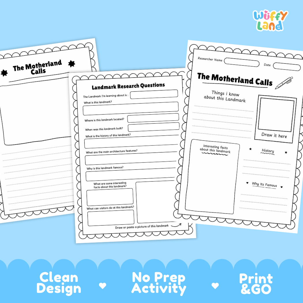 Three printable worksheet pages for a landmarker activity titled 'The Motherland Calls' are shown on a light blue background with decorative text reading 'Clean Design', 'No Prep Activity', and 'Print & GO'. The worksheets are black-and-white with printed headings, writing areas, and a small illustration box.