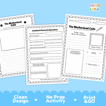 Three printable worksheet pages for a landmarker activity titled 'The Motherland Calls' are shown on a light blue background with decorative text reading 'Clean Design', 'No Prep Activity', and 'Print & GO'. The worksheets are black-and-white with printed headings, writing areas, and a small illustration box.