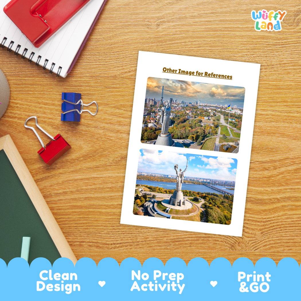 A printed reference card or photo insert titled 'Other Image for References' lies on a wooden desk, showing two city-and-statue photographs. Surrounding props include a spiral notebook, binder clips, a chalkboard edge, and a blue promotional banner at the bottom reading 'Clean Design', 'No Prep Activity', and 'Print & GO'.