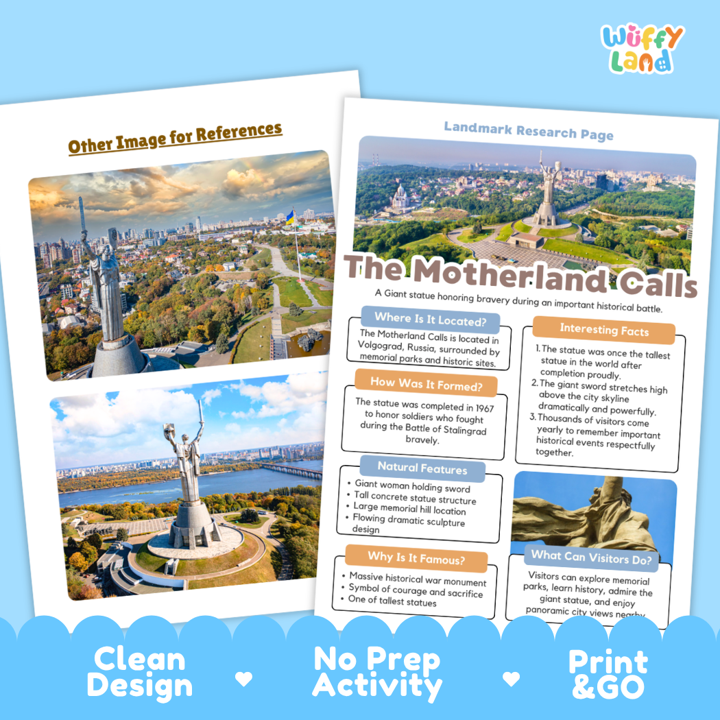 Two printed educational travel posters about the monument at St. Ignace Falls are shown on a white background with marketing text reading 'Other Image for References,' 'Landmark Research Page,' 'Clean Design,' 'No Prep Activity,' and 'Print & GO.