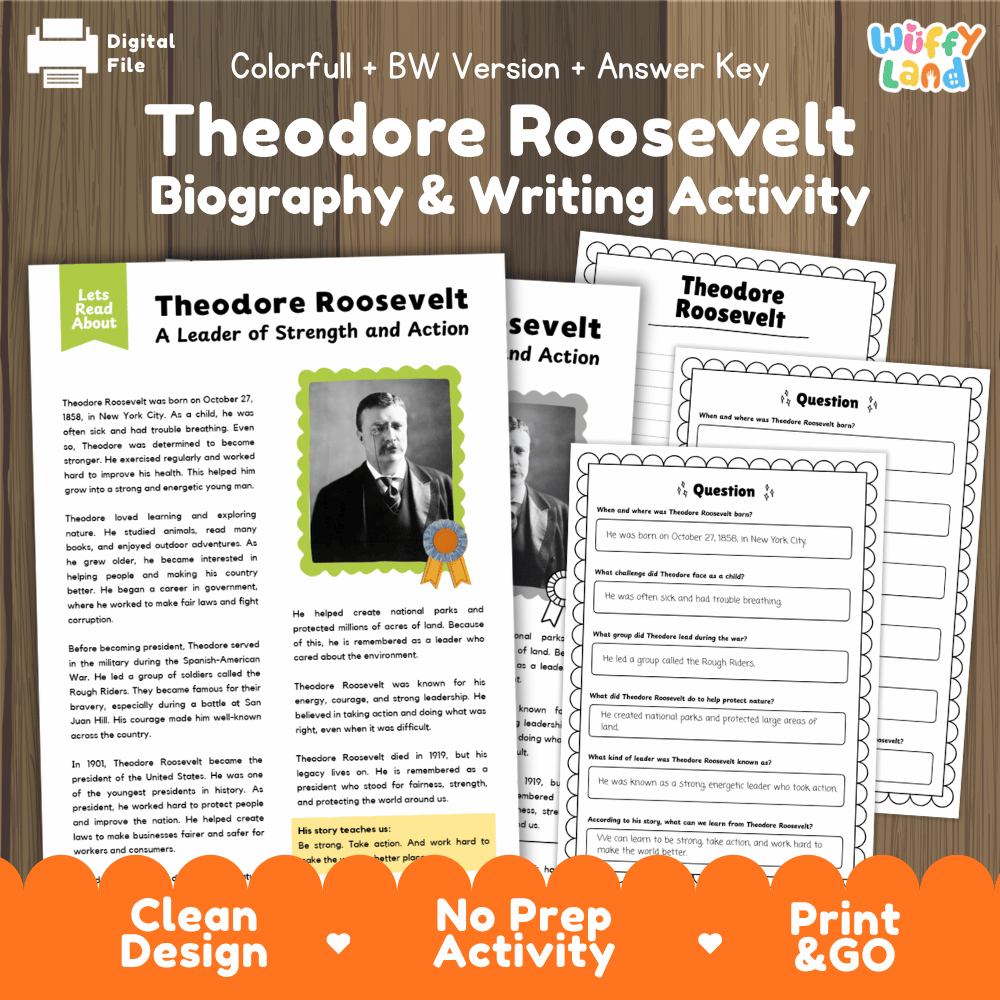 Theodore Roosevelt Biography Reading Passage and Writing Activity Worksheets