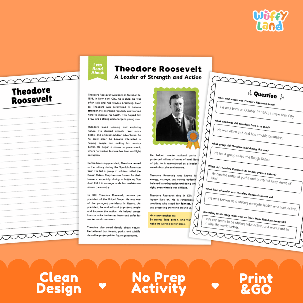 Theodore Roosevelt Biography Reading Passage and Writing Activity Worksheets