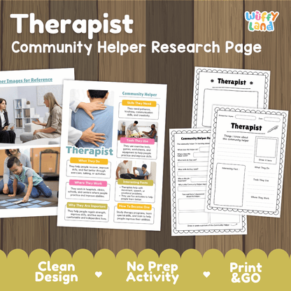 Therapist community helper research page writing worksheets pack featuring real photos and student activity pages for elementary social studies