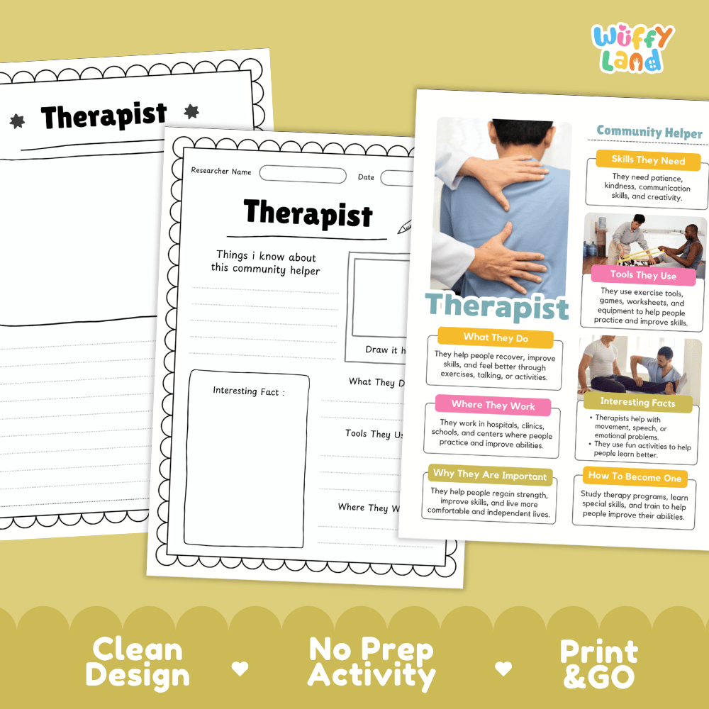 Educational reference poster with real photography showing therapist job duties, exercise tools, clinic workplace, and interesting facts