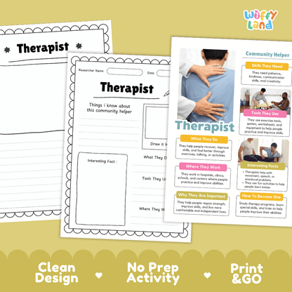Educational reference poster with real photography showing therapist job duties, exercise tools, clinic workplace, and interesting facts